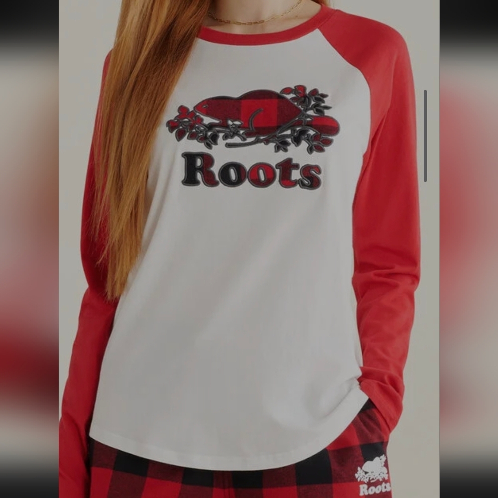 Roots White Body with Red Ragla Top Tee T-Shirt Organic XL Long Sleeve Vintage